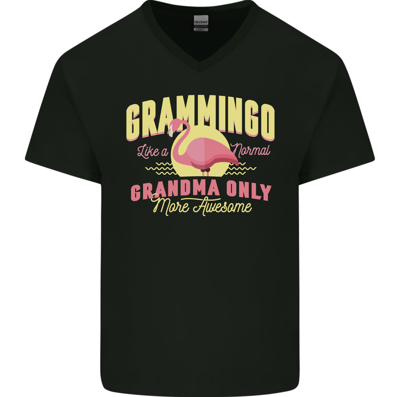 Gramingo Funny Grandma Flamingo Mens V-Neck Cotton T-Shirt Black