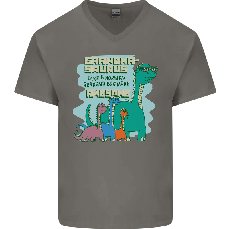 Grandma-saurus Funny Dinosaur Grandkids Mens V-Neck Cotton T-Shirt Charcoal