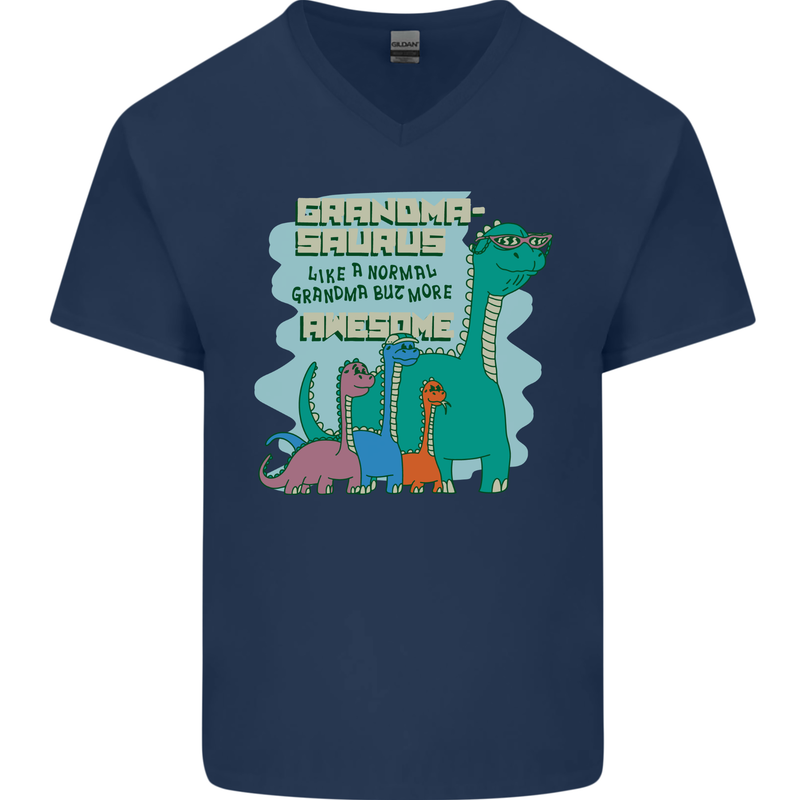 Grandma-saurus Funny Dinosaur Grandkids Mens V-Neck Cotton T-Shirt Navy Blue