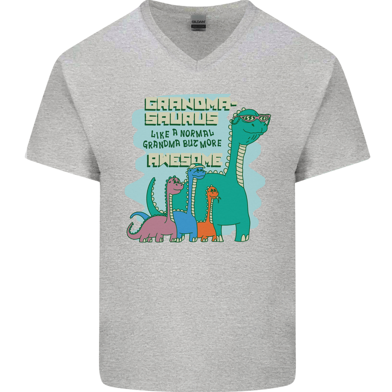 Grandma-saurus Funny Dinosaur Grandkids Mens V-Neck Cotton T-Shirt Sports Grey
