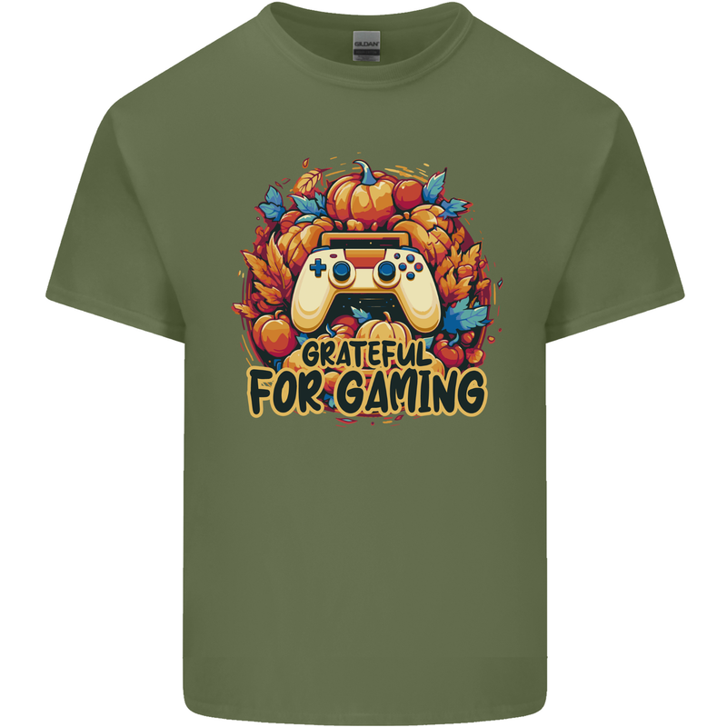 Grateful For Gaming Thanksgiving Video Games Mens Cotton T-Shirt Tee Top Military Green