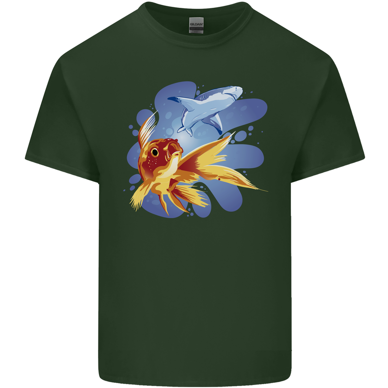 Great White Shark vs Goldfish Mens Cotton T-Shirt Tee Top Forest Green