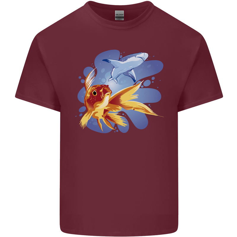 Great White Shark vs Goldfish Mens Cotton T-Shirt Tee Top Maroon