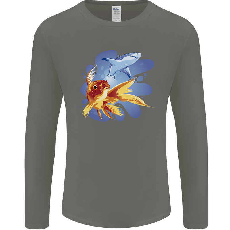 Great White Shark vs Goldfish Mens Long Sleeve T-Shirt Charcoal