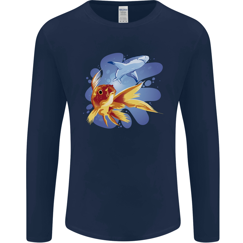 Great White Shark vs Goldfish Mens Long Sleeve T-Shirt Navy Blue