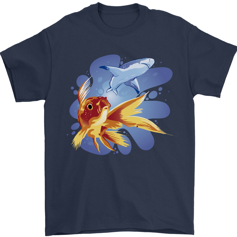 Great White Shark vs Goldfish Mens T-Shirt 100% Cotton Navy Blue