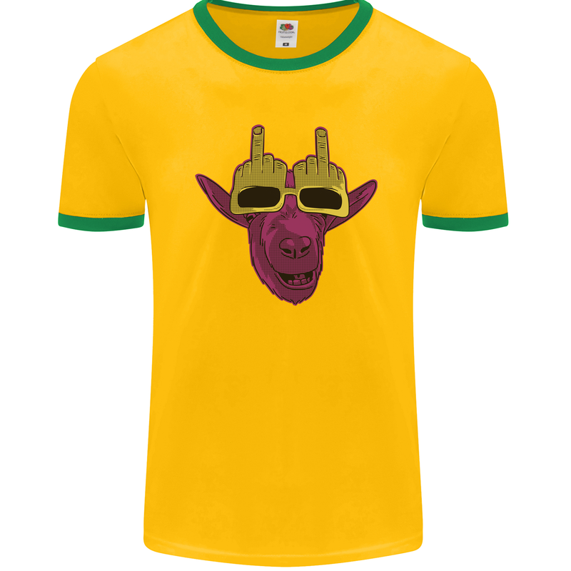 Offensive Goat With Finger Flip Glasses Mens Ringer T-Shirt FotL Gold/Green