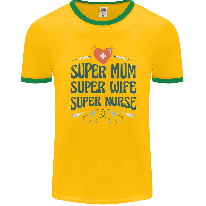 Super Mum Wife Nurse Mothers Day Gift Mens Ringer T-Shirt FotL Gold/Green