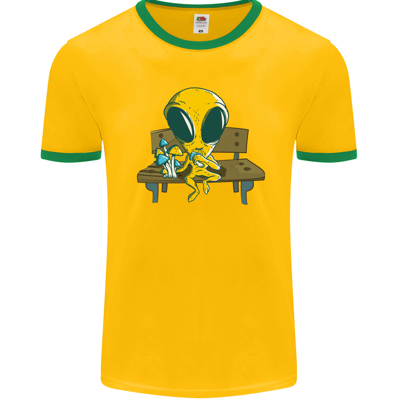 An Alien Eating Magic Mushrooms LSD Mens Ringer T-Shirt FotL Gold/Green