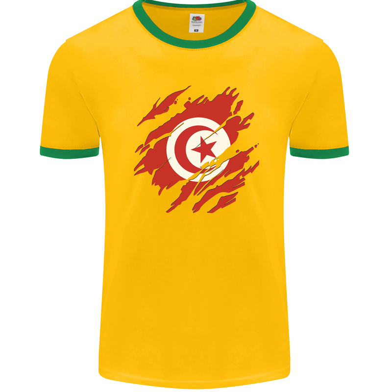 Torn Tunisia Flag Tunisian Day Football Mens Ringer T-Shirt FotL Gold/Green