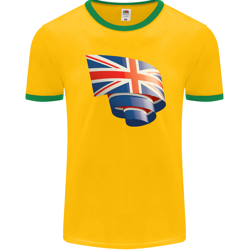 Curled British Flag Union Jack Britain Mens Ringer T-Shirt FotL Gold/Green