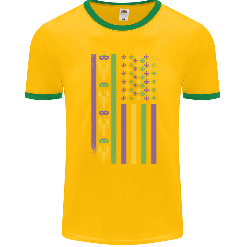 USA Mardi Gras American Flag America Mens Ringer T-Shirt FotL Gold/Green