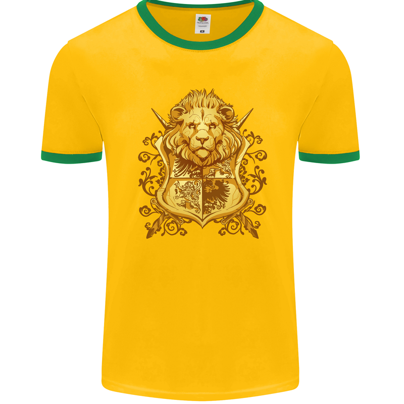 A Heraldic Lion Shield Coat of Arms Mens Ringer T-Shirt FotL Gold/Green