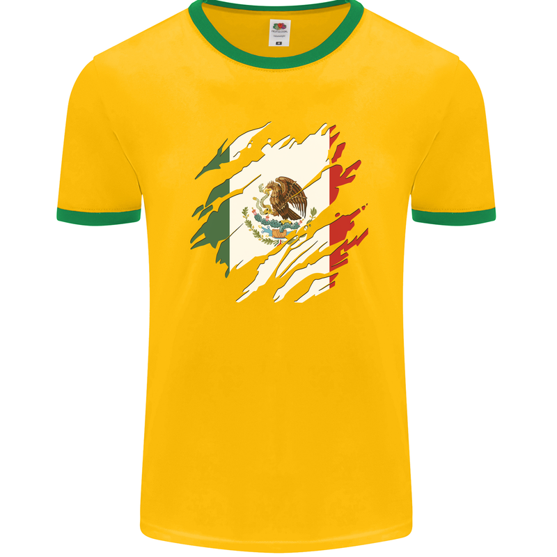 Torn Mexico Flag Mexican Day Football Mens Ringer T-Shirt FotL Gold/Green