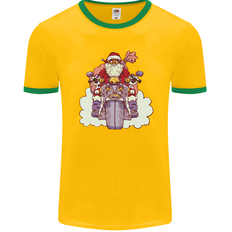 Biker Santa Christmas Motorcycle Motorbike Mens Ringer T-Shirt FotL Gold/Green