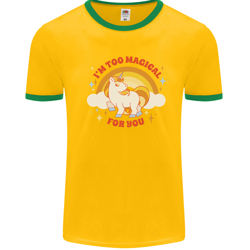 Unicorn Im Too Magical For You Mens Ringer T-Shirt Gold/Green