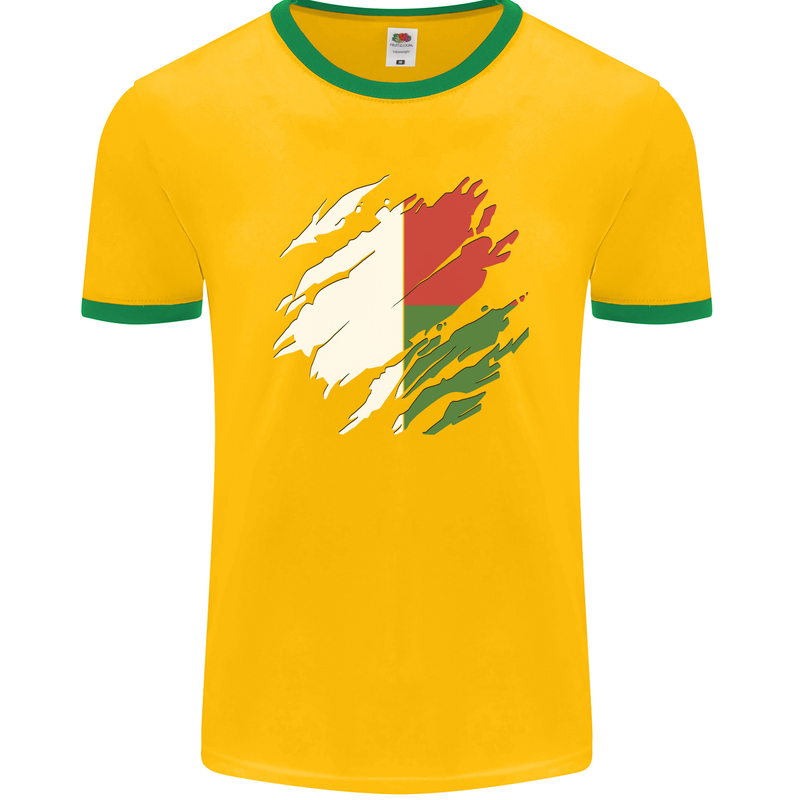 Torn Madagascar Flag Madagascan Day Football Mens Ringer T-Shirt FotL Gold/Green