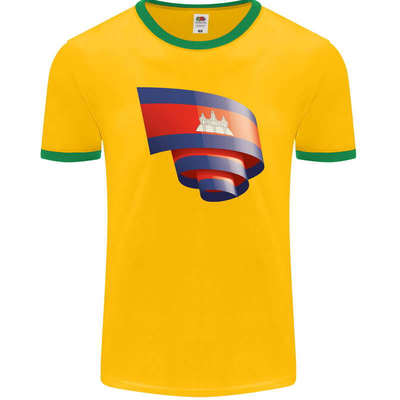 Curled Cambodia Flag Cambodian Day Football Mens Ringer T-Shirt FotL Gold/Green