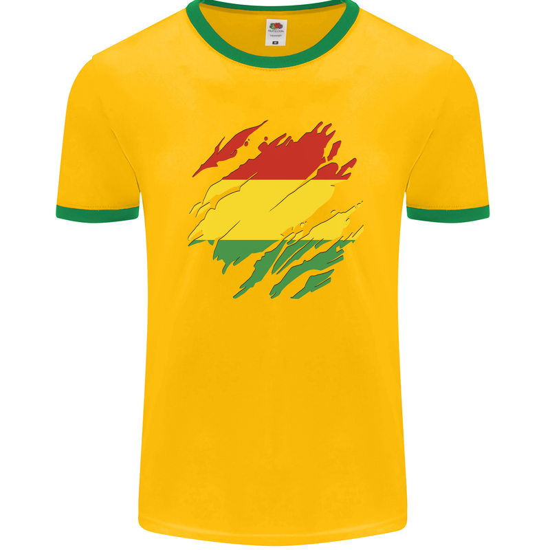 Torn Bolivia Flag Bolivian Day Football Mens Ringer T-Shirt FotL Gold/Green