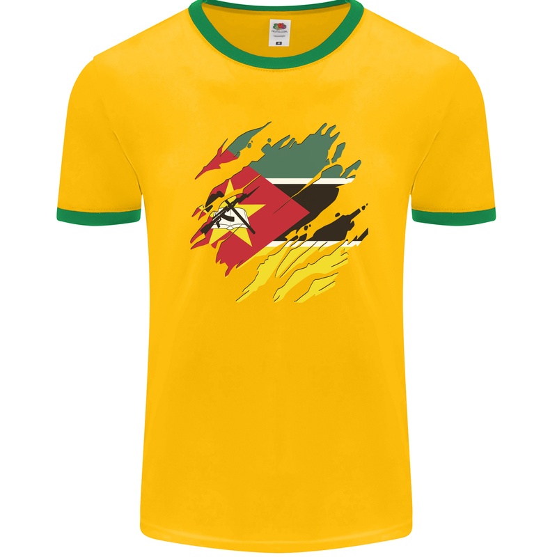 Torn Mozambique Flag Mozambican Day Football Mens Ringer T-Shirt FotL Gold/Green