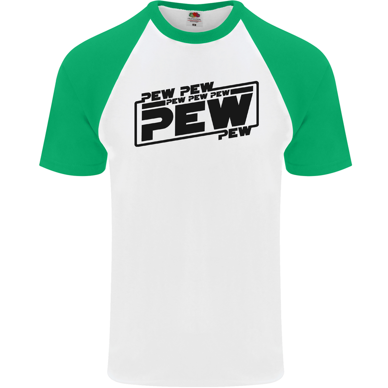 Pew Pew Pew Funny SCI-FI Movie Lightsaber Mens S/S Baseball T-Shirt White/Green