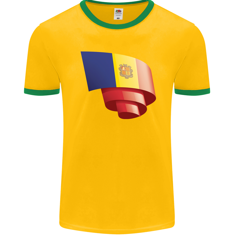 Curled Andorra Flag Andorran Day Football Mens Ringer T-Shirt FotL Gold/Green