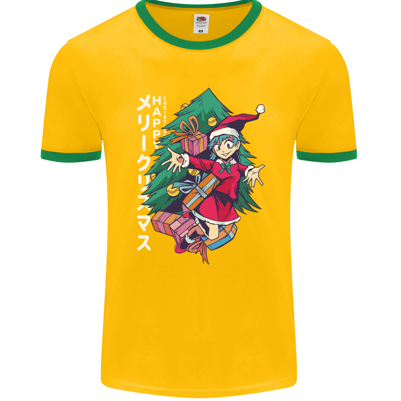 Anime Elf Christmas Tree Xmas Mens Ringer T-Shirt FotL Gold/Green