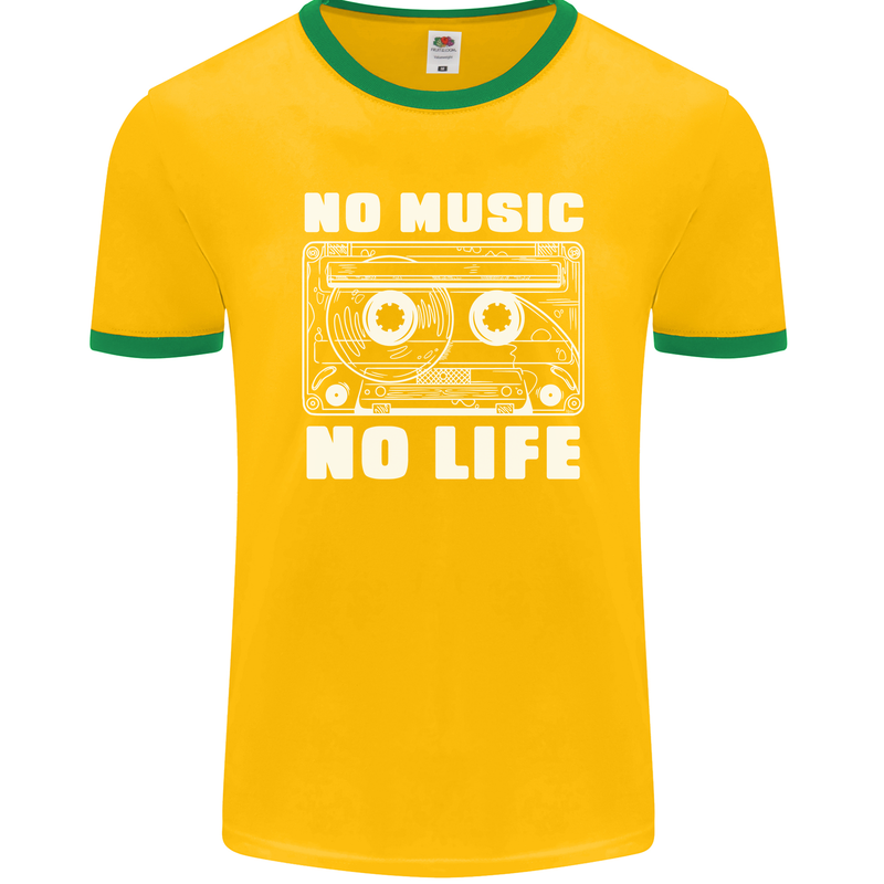 No Music No Life Retro Audio Cassette Mens Ringer T-Shirt FotL Gold/Green