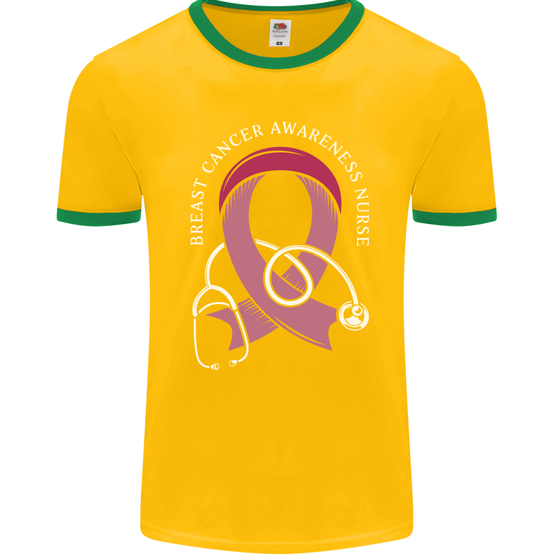 Breast Cancer Nurse Mens Ringer T-Shirt FotL Gold/Green