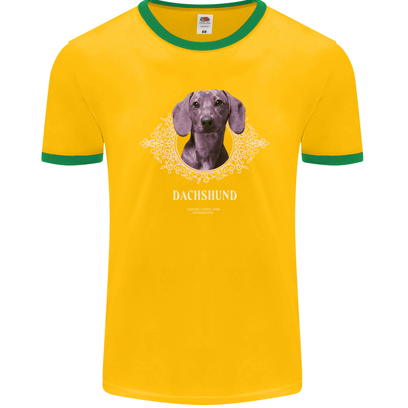 A Dachshund Dog With Decoration Mens Ringer T-Shirt FotL Gold/Green