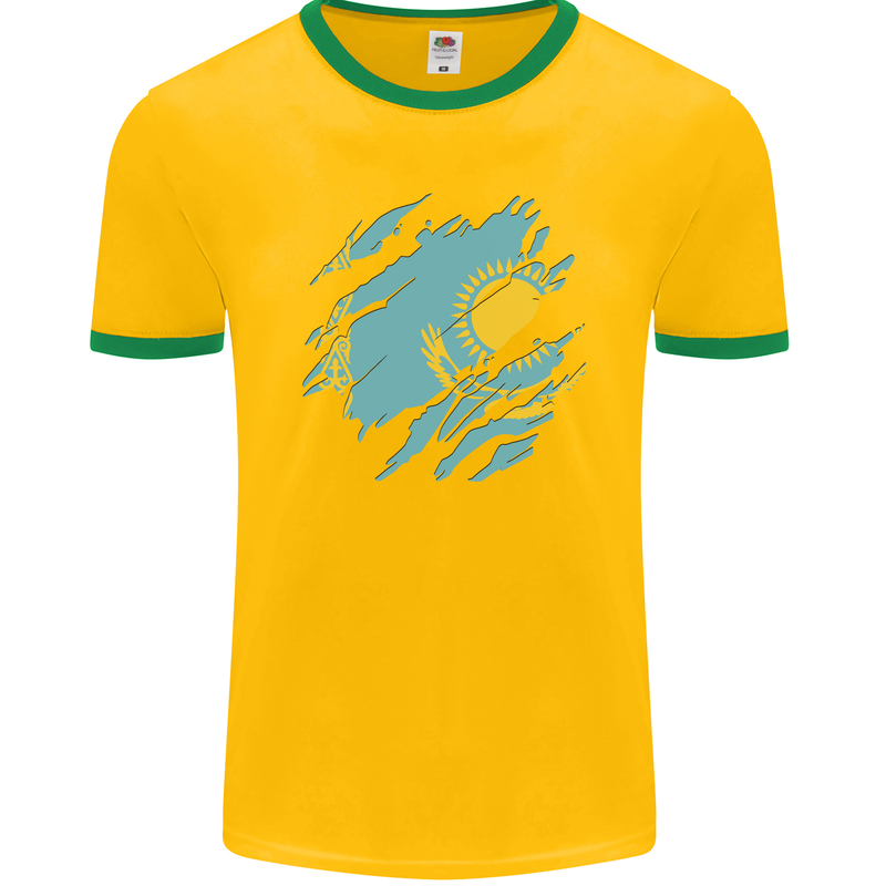 Torn Kazakhstan Flag Kazakh Day Football Mens Ringer T-Shirt FotL Gold/Green