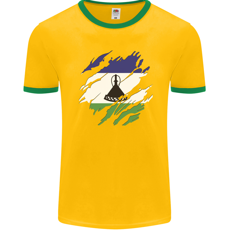 Torn Lesotho Flag Basotho Day Football Mens Ringer T-Shirt FotL Gold/Green