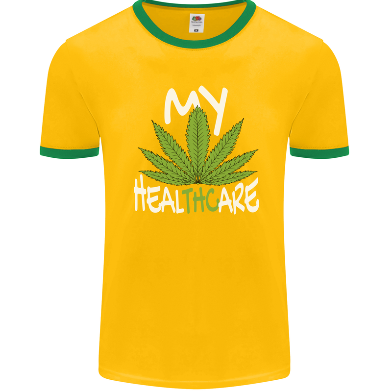 Weed My HealTHCare Cannabis Funny THC Mens Ringer T-Shirt FotL Gold/Green