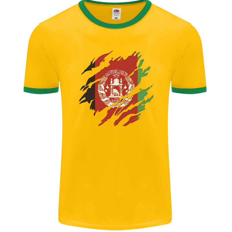 Torn Afghanistan Flag Afghan Day Football Mens Ringer T-Shirt FotL Gold/Green