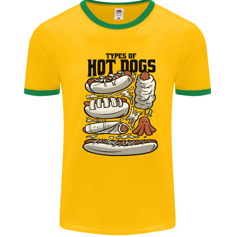 Types of Hot Dogs Funny Fast Food Mens Ringer T-Shirt Gold/Green