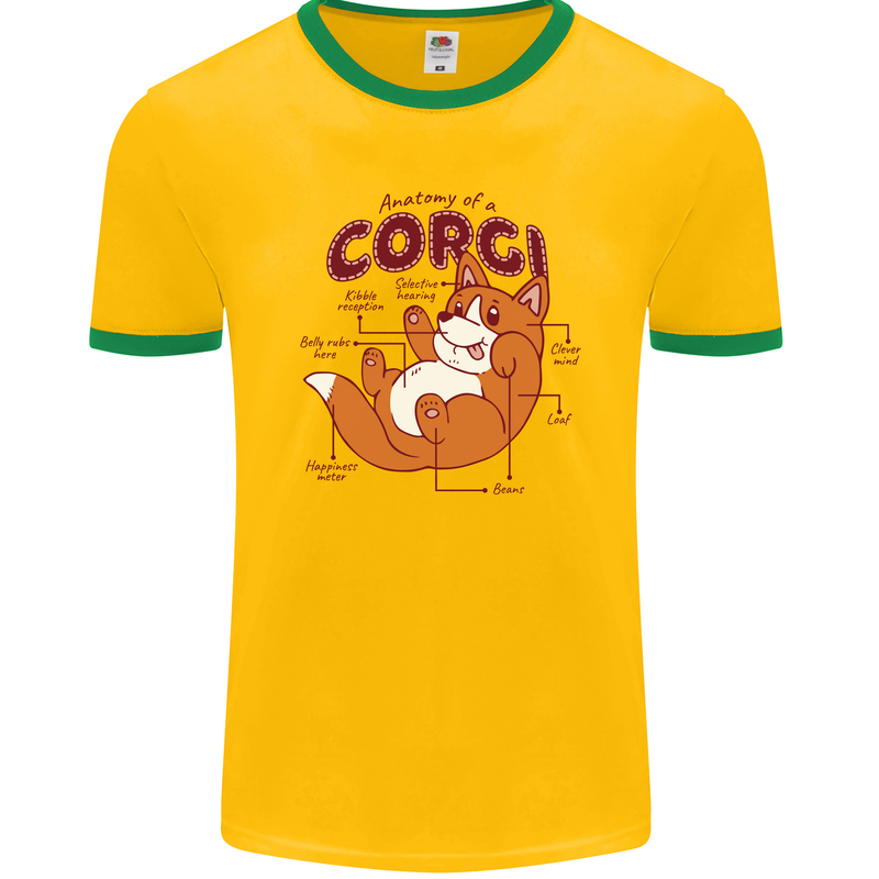 Corgi Anatomy Dog Mens Ringer T-Shirt FotL Gold/Green