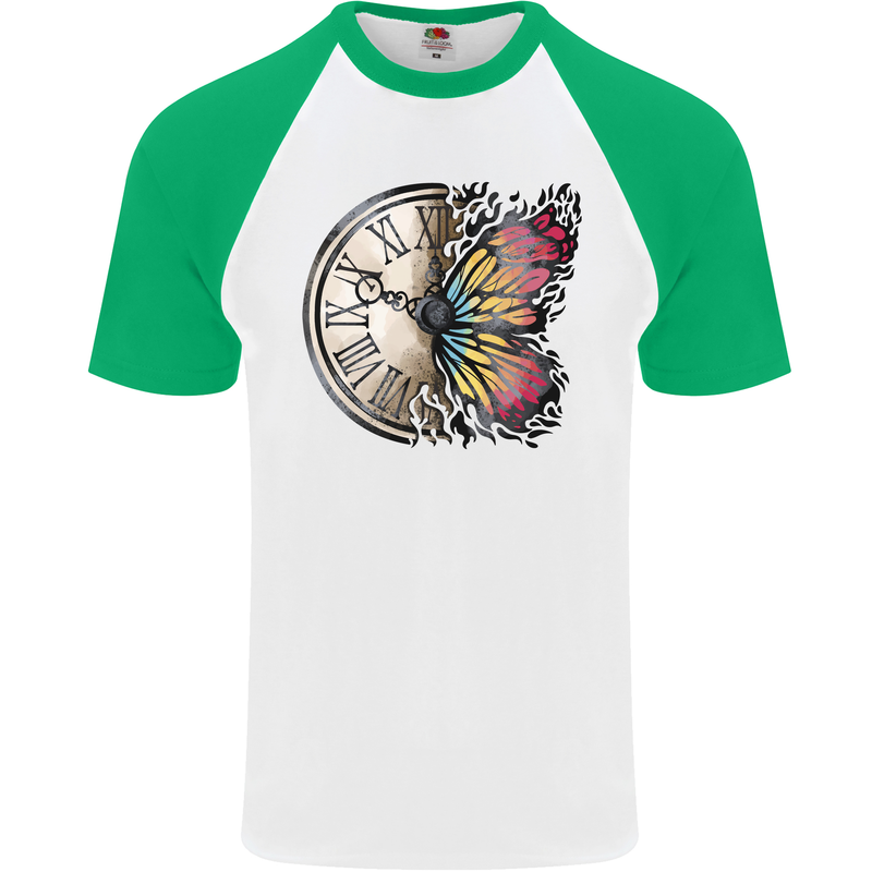 Butterfly Clock Mens S/S Baseball T-Shirt White/Green