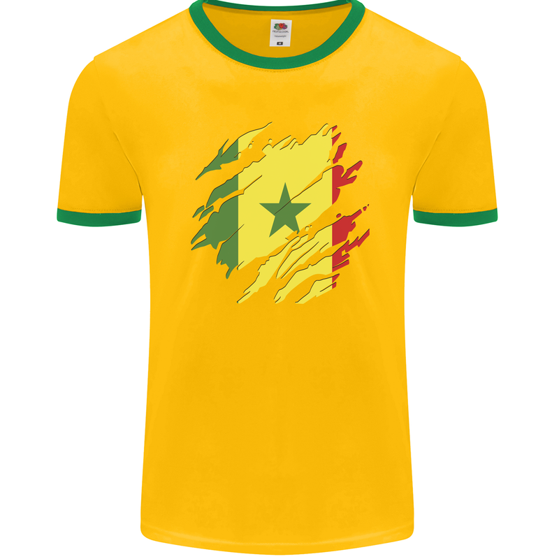 Torn Senegal Flag Senegalese Day Football Mens Ringer T-Shirt FotL Gold/Green