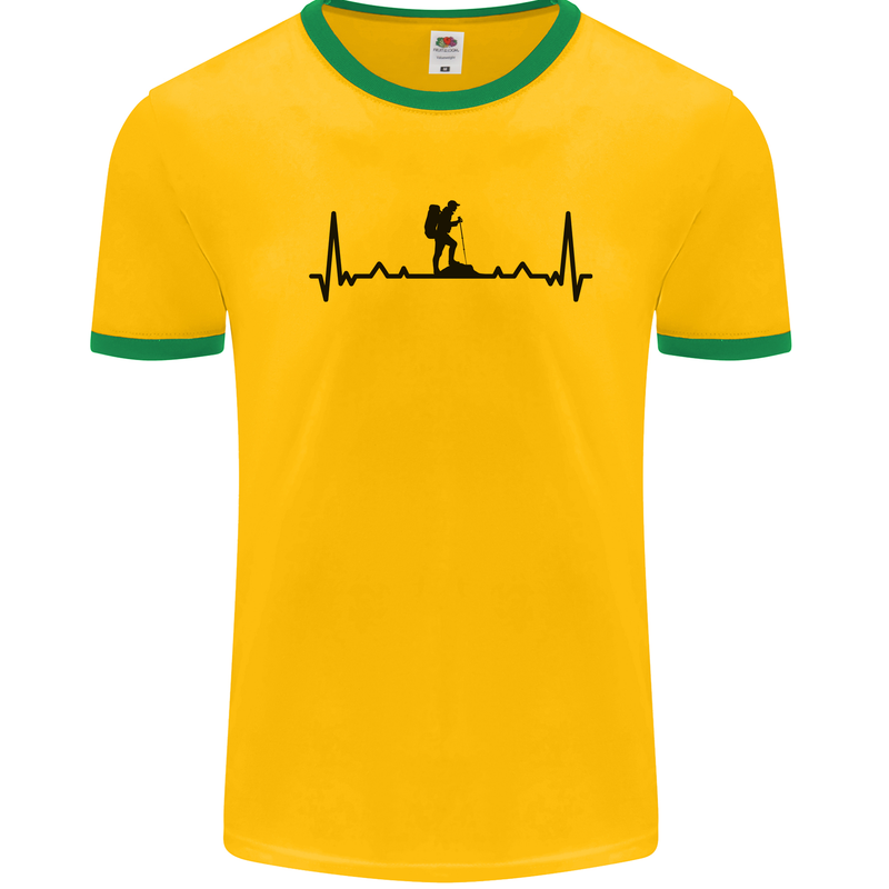 Hiking ECG Walking Rambling Trekking Pulse Mens Ringer T-Shirt Gold/Green