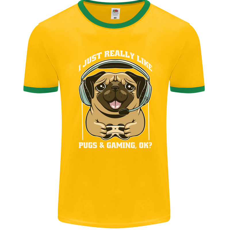 Love Pugs and Gaming Gamer Mens Ringer T-Shirt FotL Gold/Green