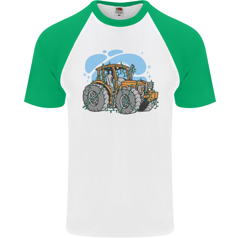Christmas Tractor Farming Farmer Xmas Mens S/S Baseball T-Shirt White/Green