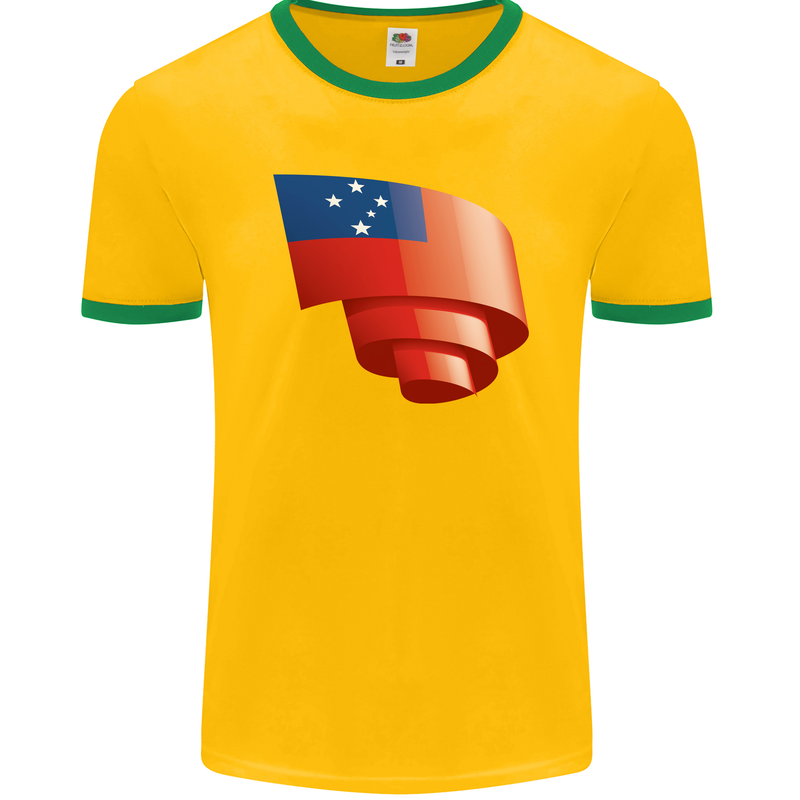 Curled Samoa Flag Samoan Day Football Mens Ringer T-Shirt FotL Gold/Green