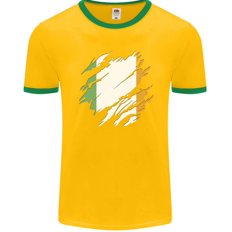 Torn Ireland Flag Irish St Patricks Day Football Mens Ringer T-Shirt FotL Gold/Green