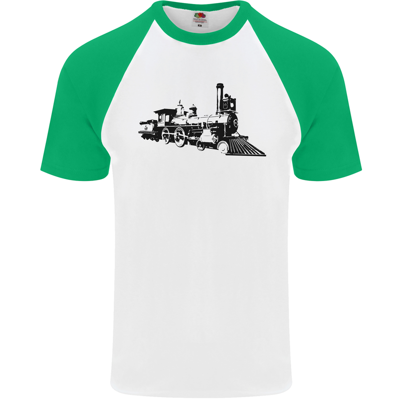 Trains Locomotive Steam Engine Trainspotting Mens S/S Baseball T-Shirt White/Green
