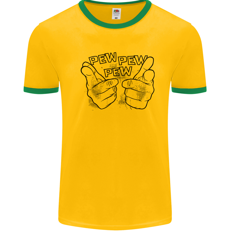 Pew Pew Pew Hands Funny Lightsaber Sci-Fi Mens Ringer T-Shirt Gold/Green