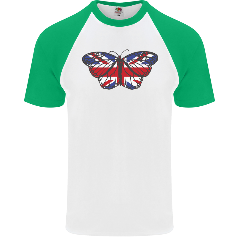 Union Jack Butterfly British Britain Flag Mens S/S Baseball T-Shirt White/Green