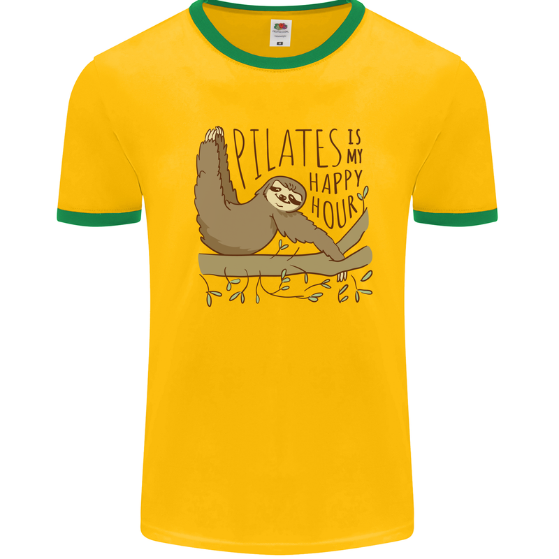 Pilates My Happy Hour Funny Yoga Sloth Mens Ringer T-Shirt Gold/Green