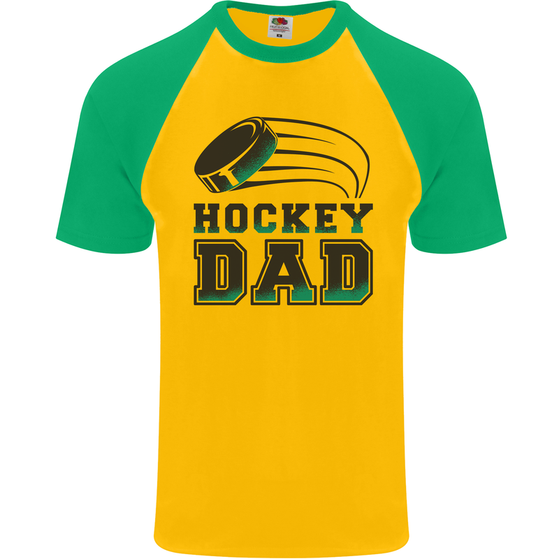 Ice Hockey Dad Fathers Day Mens S/S Baseball T-Shirt Gold/Green
