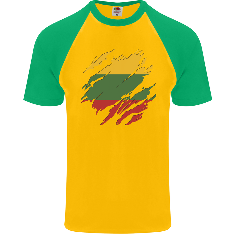 Torn Lithuania Flag Lithuania Day Football Mens S/S Baseball T-Shirt Gold/Green