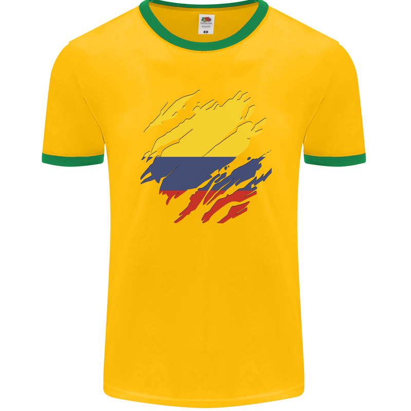 Torn Columbia Flag Columbian Day Football Mens Ringer T-Shirt FotL Gold/Green